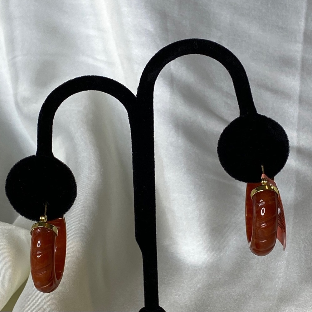 Burmese Red Jade Hoop Earrings in 14K YG/925